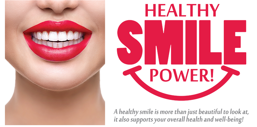 The image is a promotional graphic for a service offering facial treatments, specifically  Smile Power,  which is likely related to dental or cosmetic care. It features a close-up of a person s face with red lipstick and the text  HEALTHY SMILE  prominently displayed.