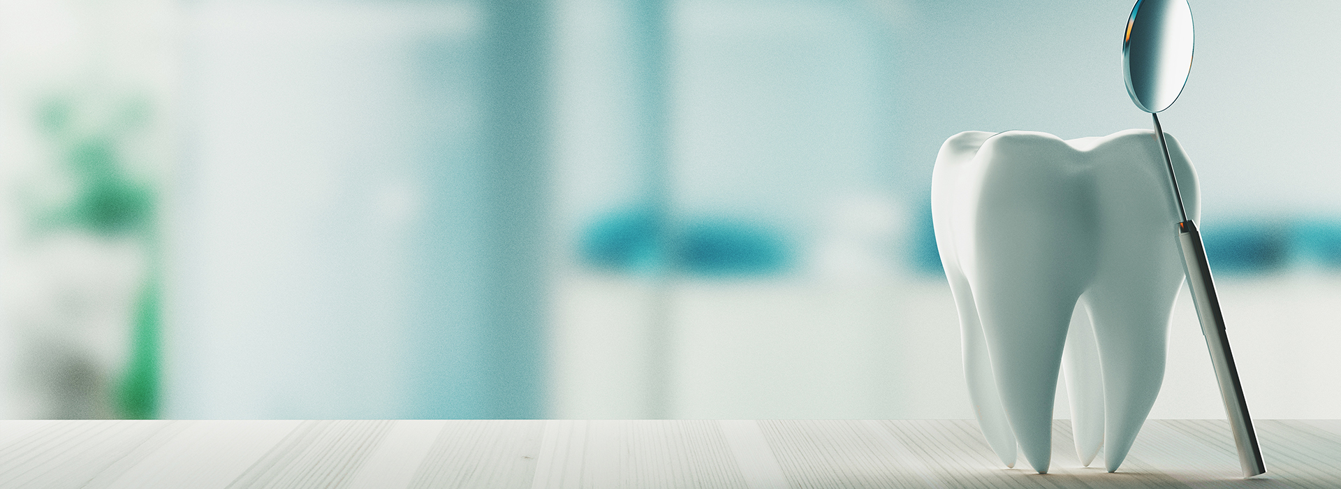 A 3D rendering of a dental office with a toothbrush in the foreground and a tooth model in the background.