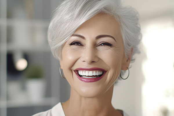 This is a photograph of an older woman with short hair, wearing a white top, smiling broadly and looking directly at the camera.